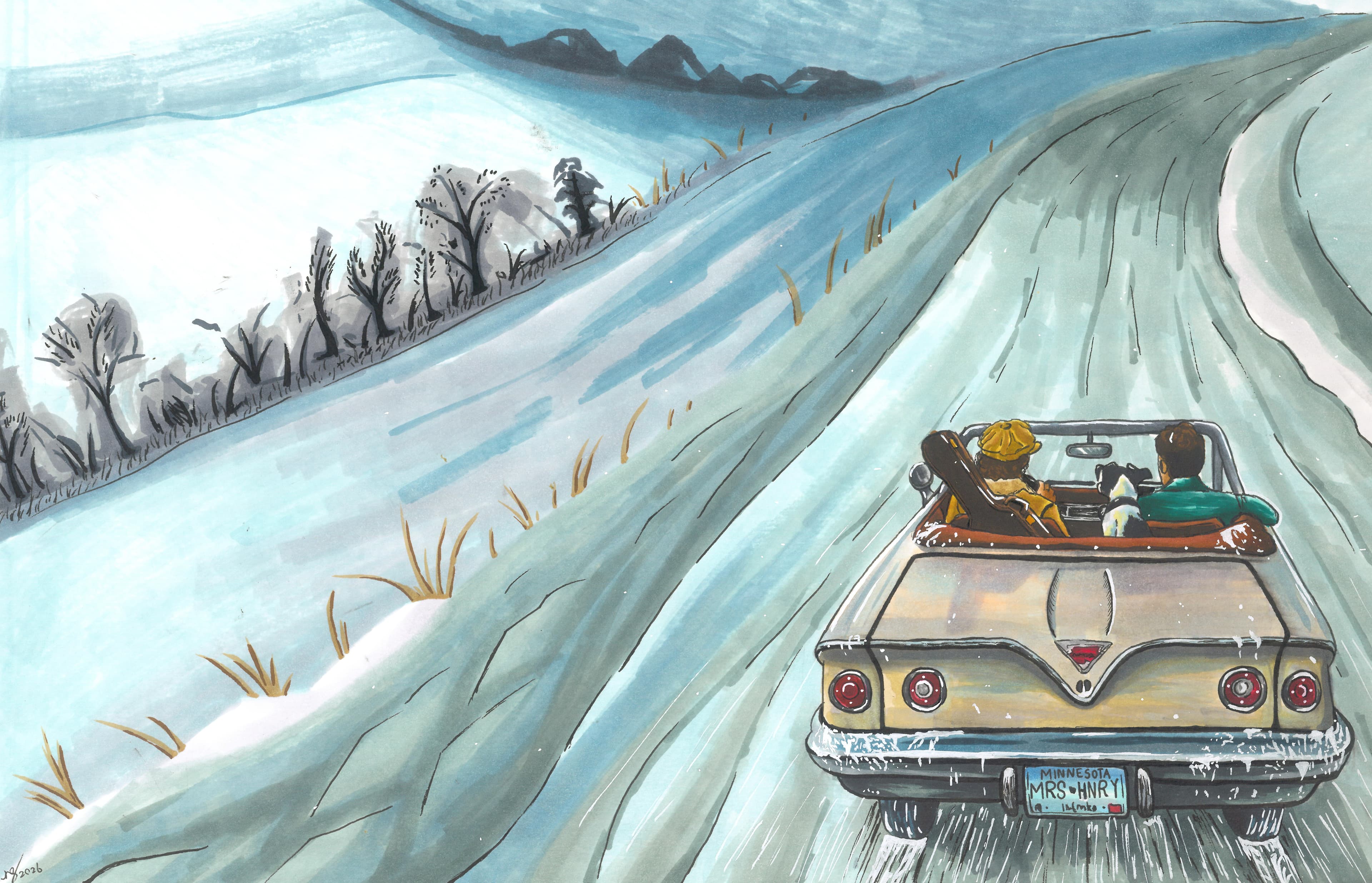 Illustrated artwork from Please, Mrs. Henry! featuring the cross-country adventure