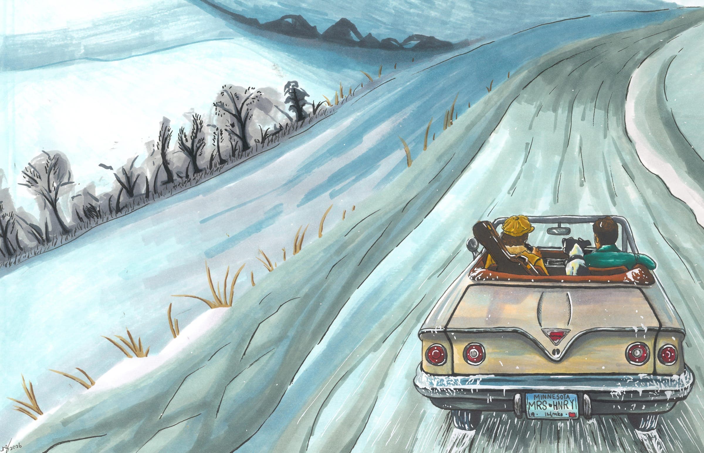 Illustrated artwork from Please, Mrs. Henry! featuring the cross-country adventure